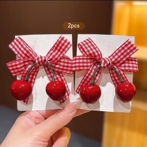 2pc Red & White Gingham Bow Hairclips With Ripe Red Cherries (OS)  🎀🍒🎀🍒